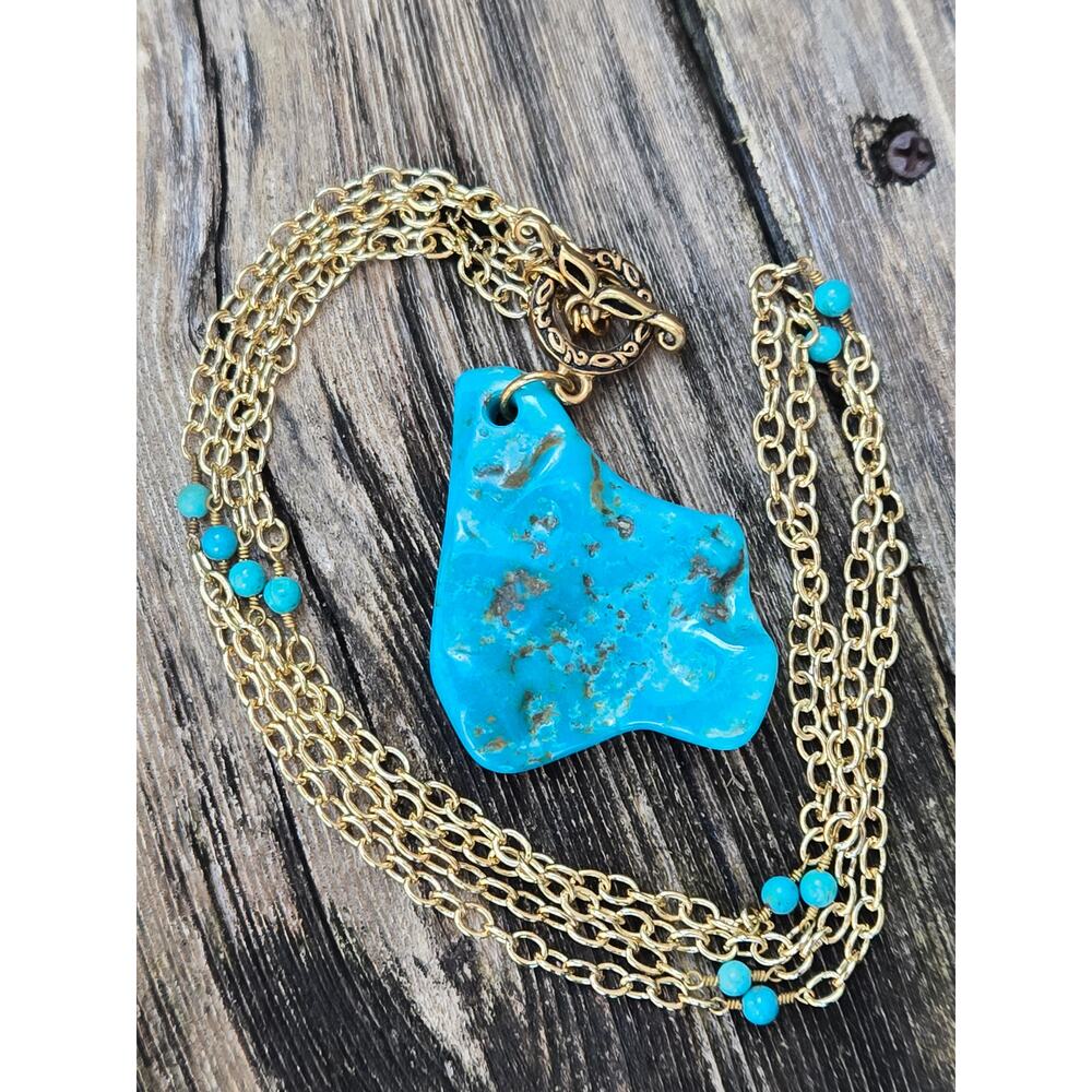 BARSE Necklace Turquoise On Gold Tone Chain, Signed, Toggle Clasp, 2 Strand 21"